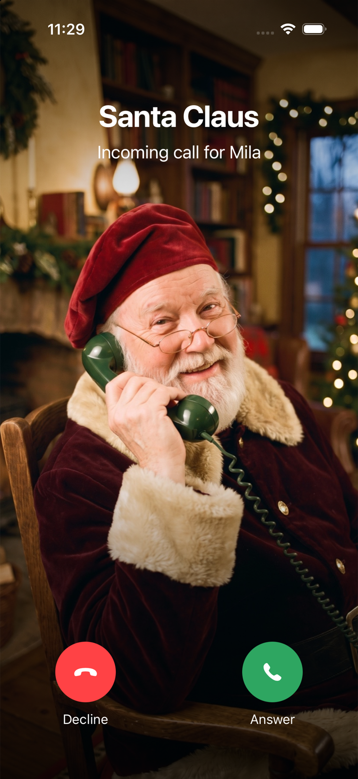 Incoming Santa call for Mila, a fictional child, with answer and decline controls