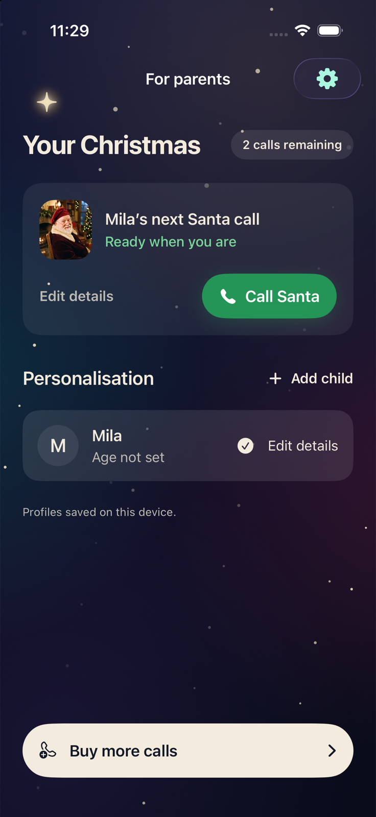 Parent dashboard with a prepared call for fictional Mila and two calls remaining