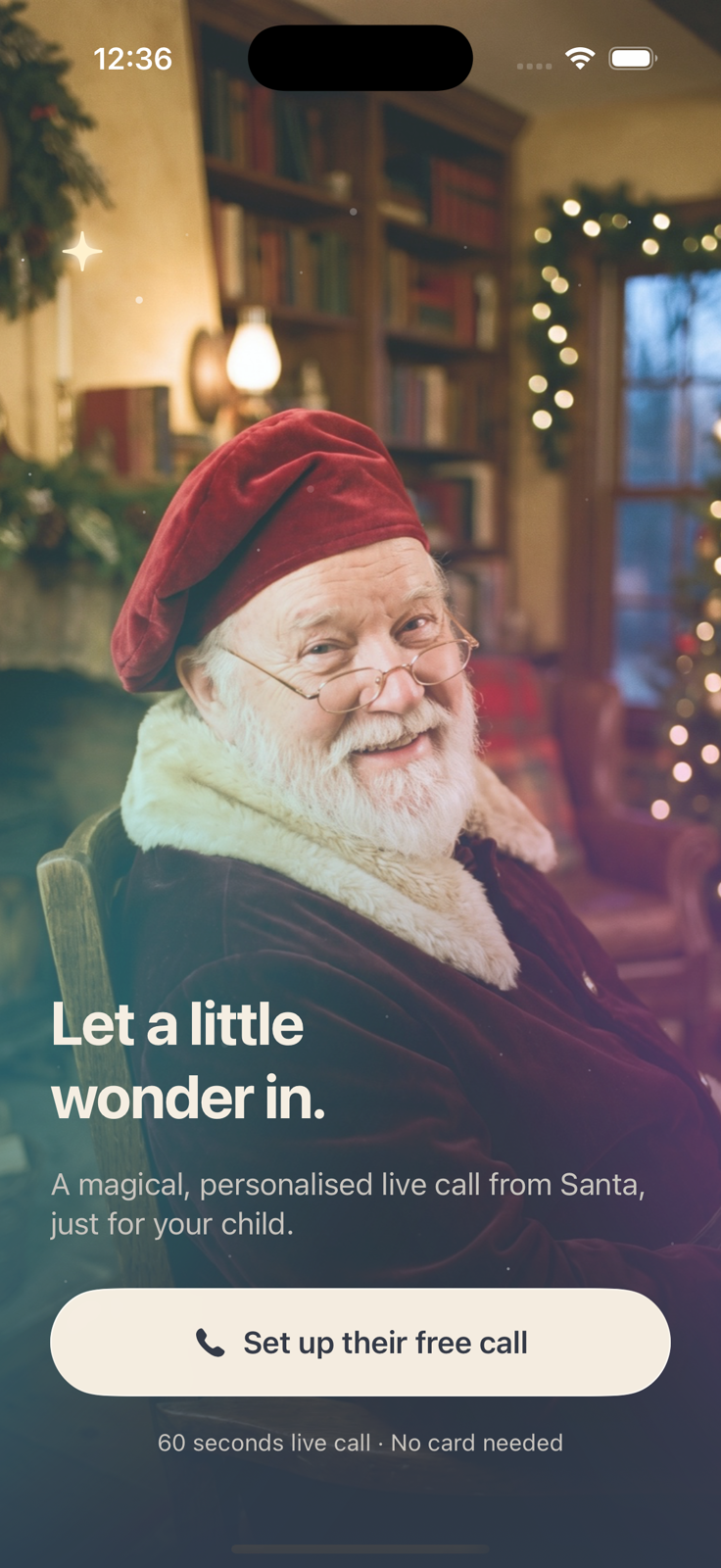 Santa Calls welcome screen, with the original Santa portrait and an invitation to set up a free call